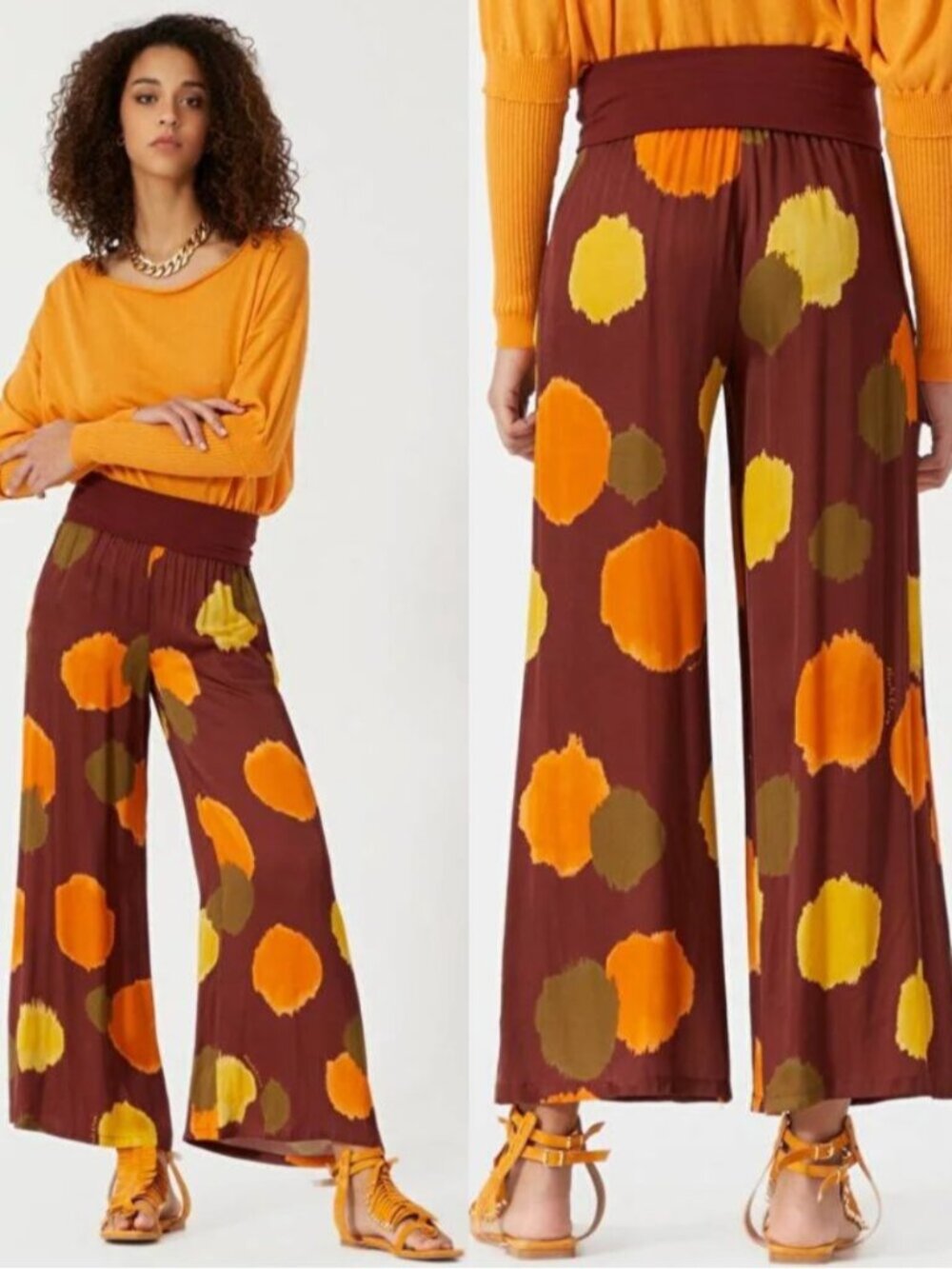 Manila Grace Artsy Polkadot Satin High Waist Wide Leg Crop Pants